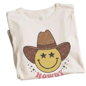Western Boho Howdy Smiley Face T-Shirt Cowboy Hat Star Eye Graphic T Size Medium
